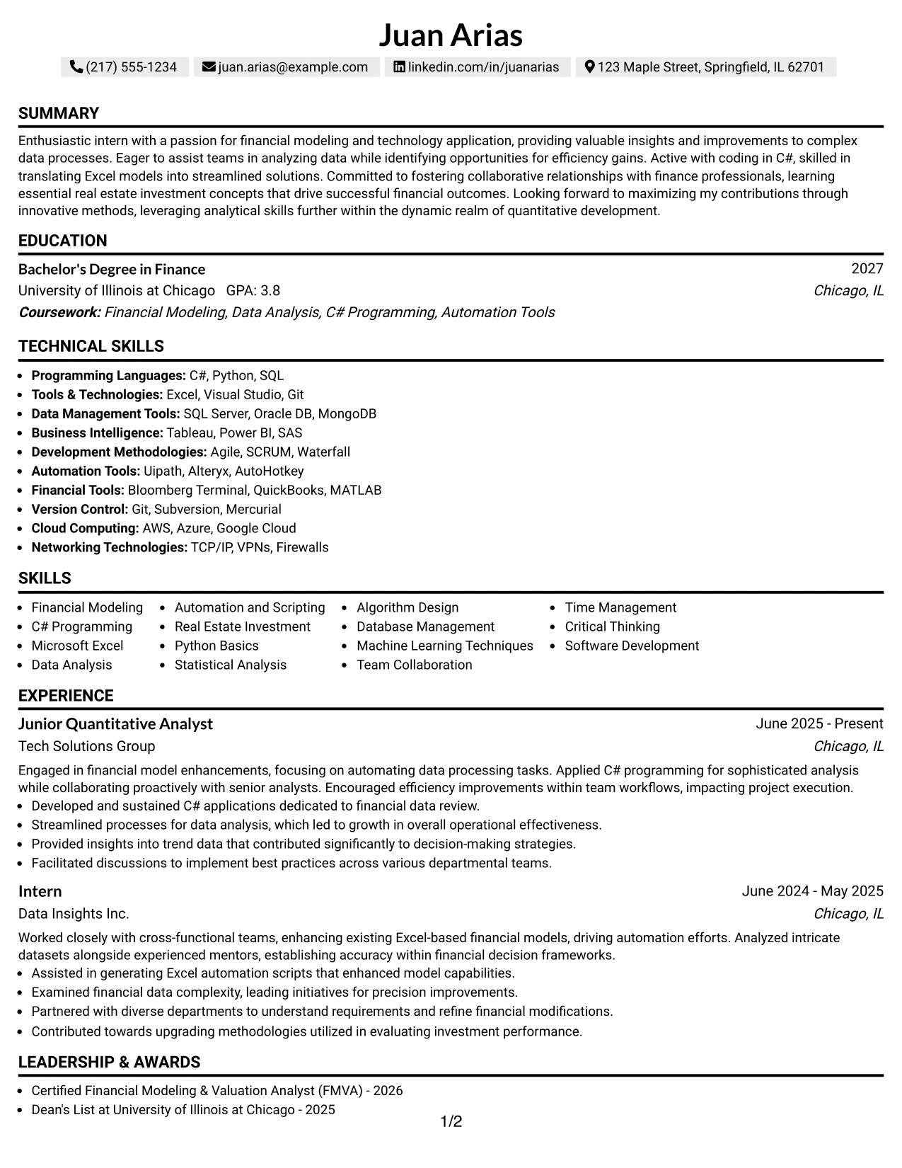 Resume Example Page 1