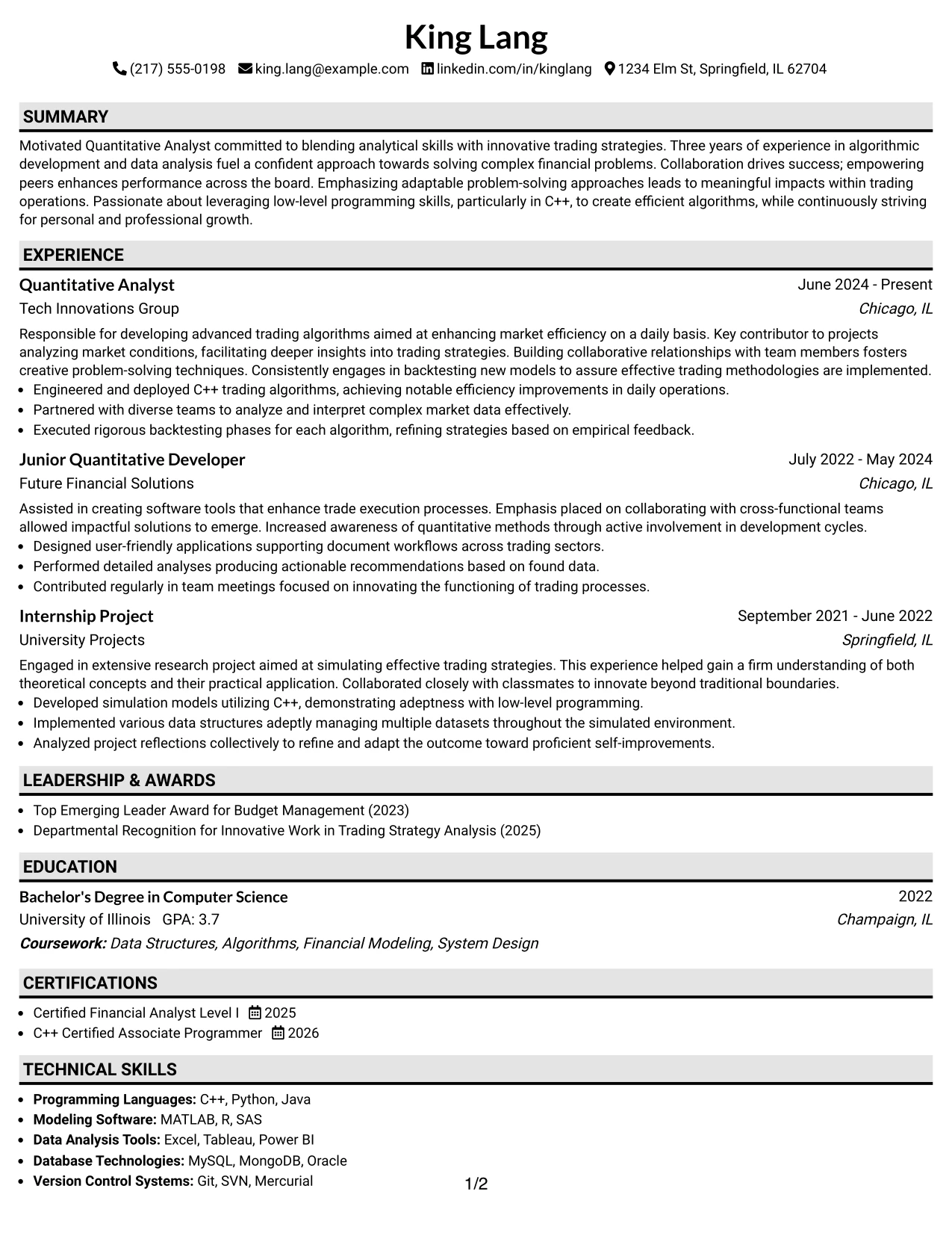 Resume Example Page 1