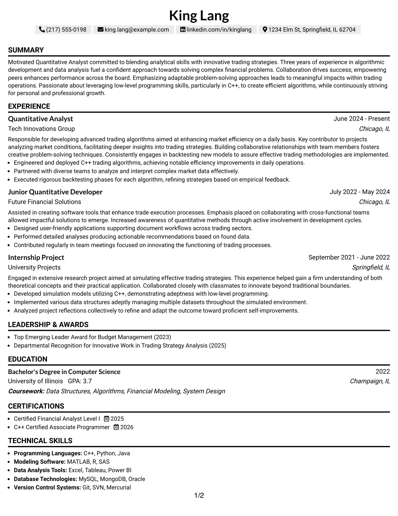 Resume Example Page 1