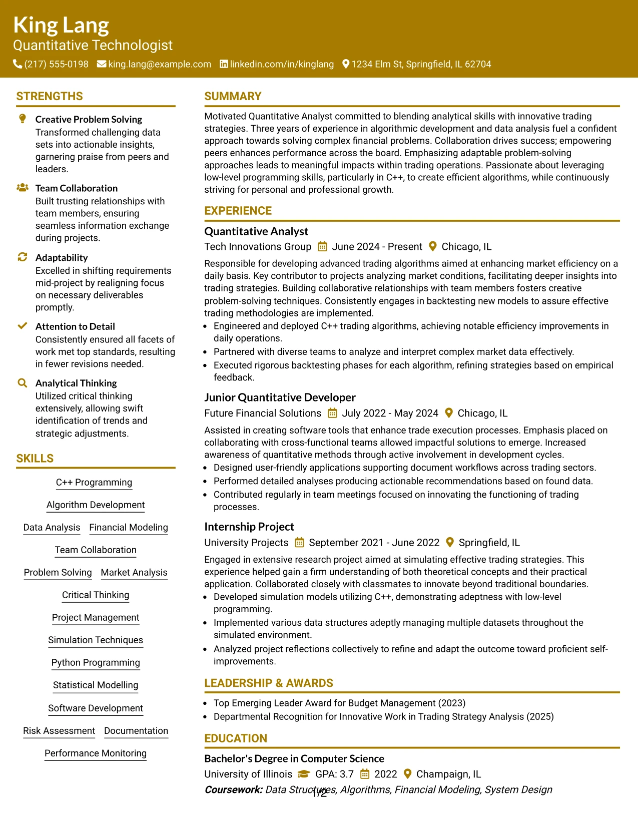 Resume Example Page 1