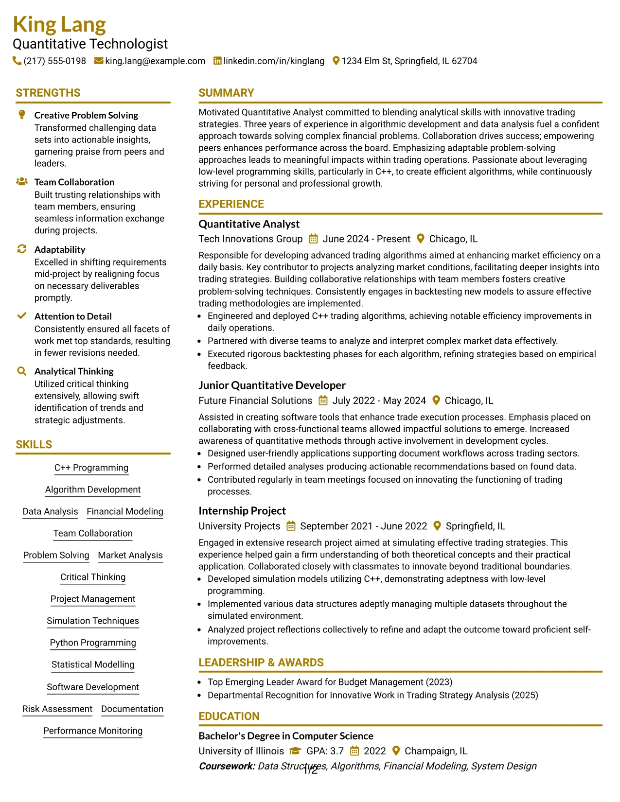 Resume Example Page 1