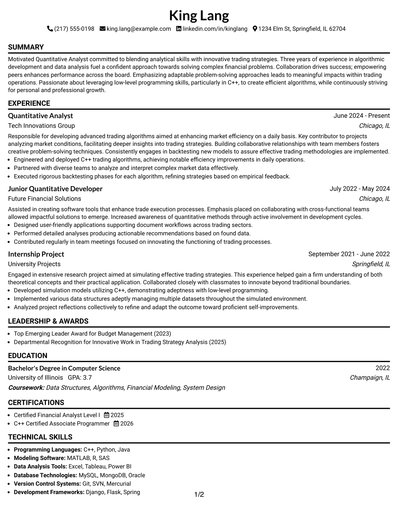 Resume Example Page 1