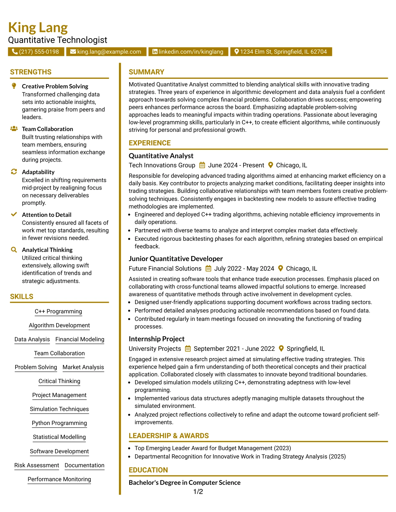 Resume Example Page 1