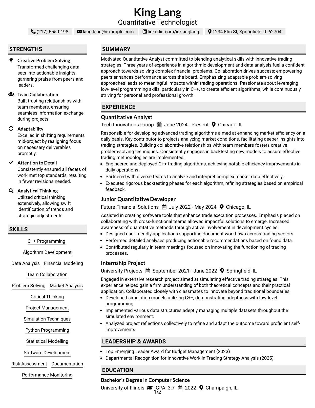 Resume Example Page 1