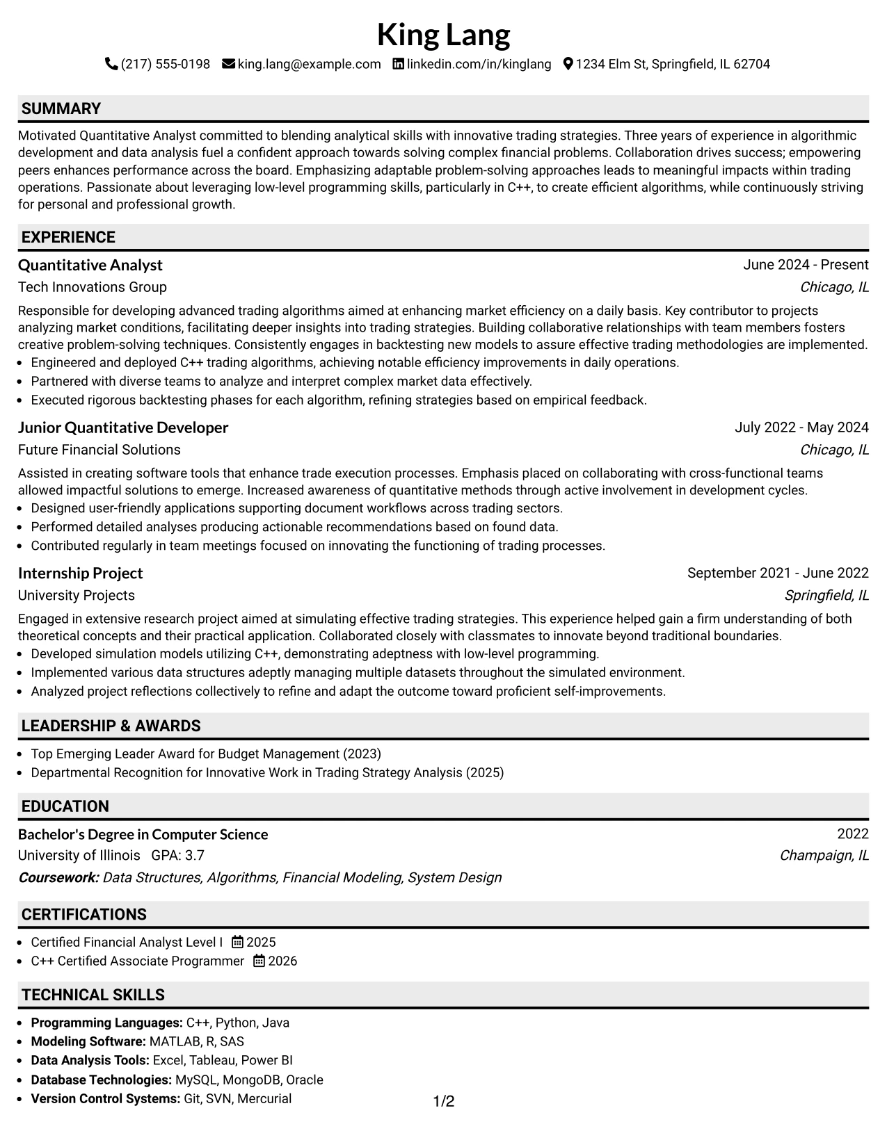 Resume Example Page 1