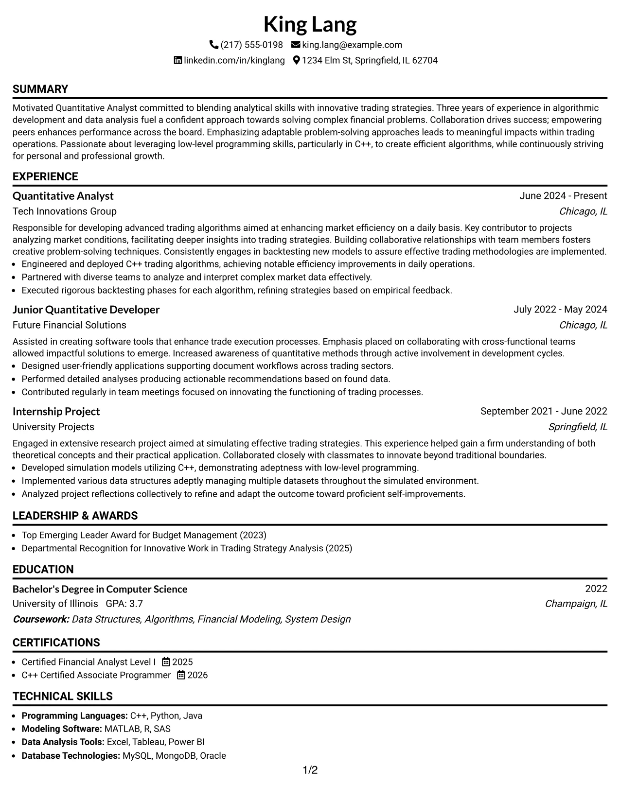 Resume Example Page 1