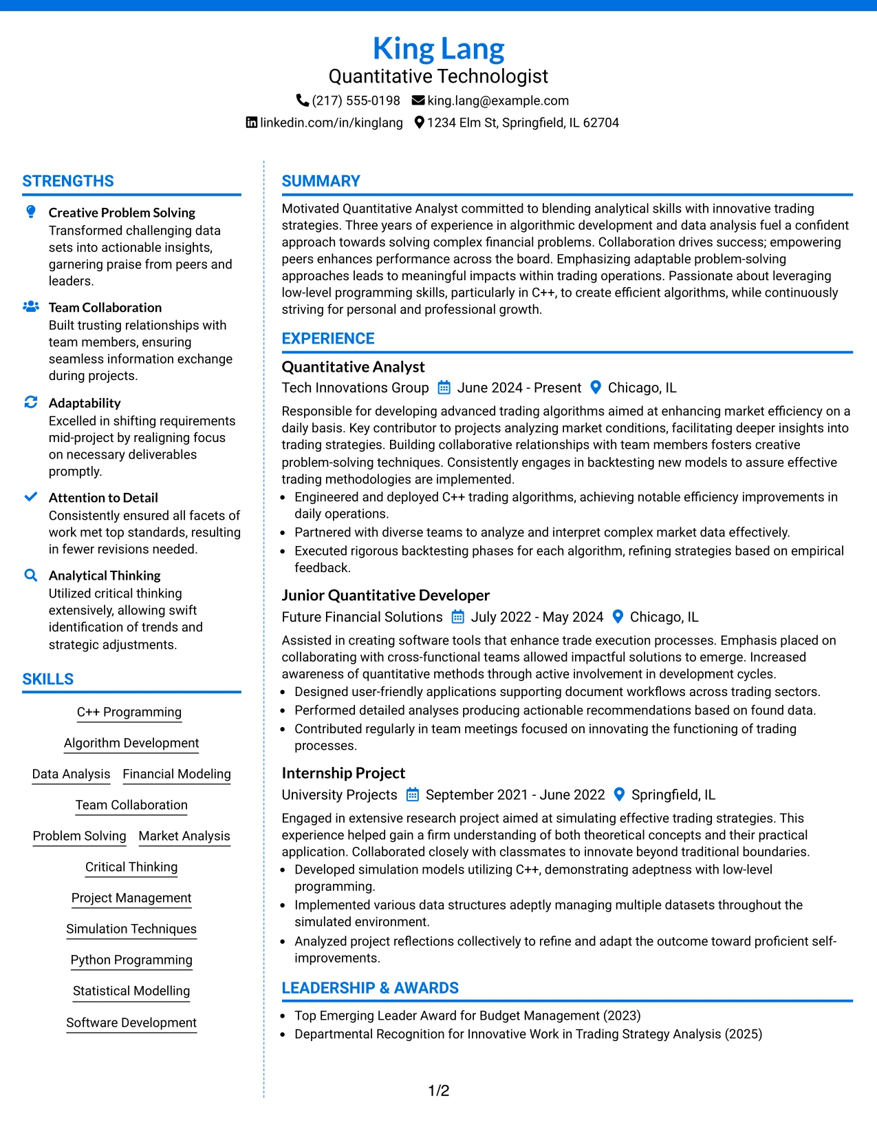 Resume Example Page 1