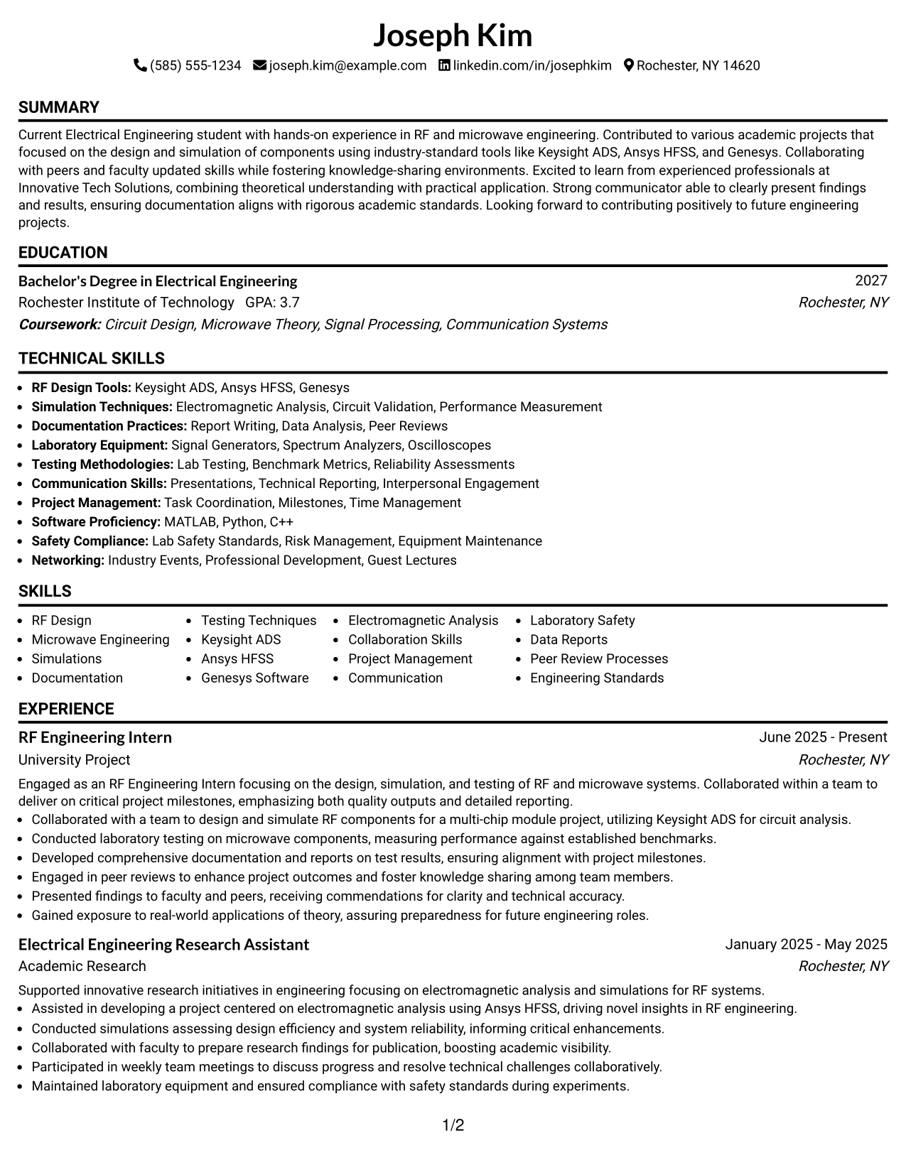 Resume Example Page 1
