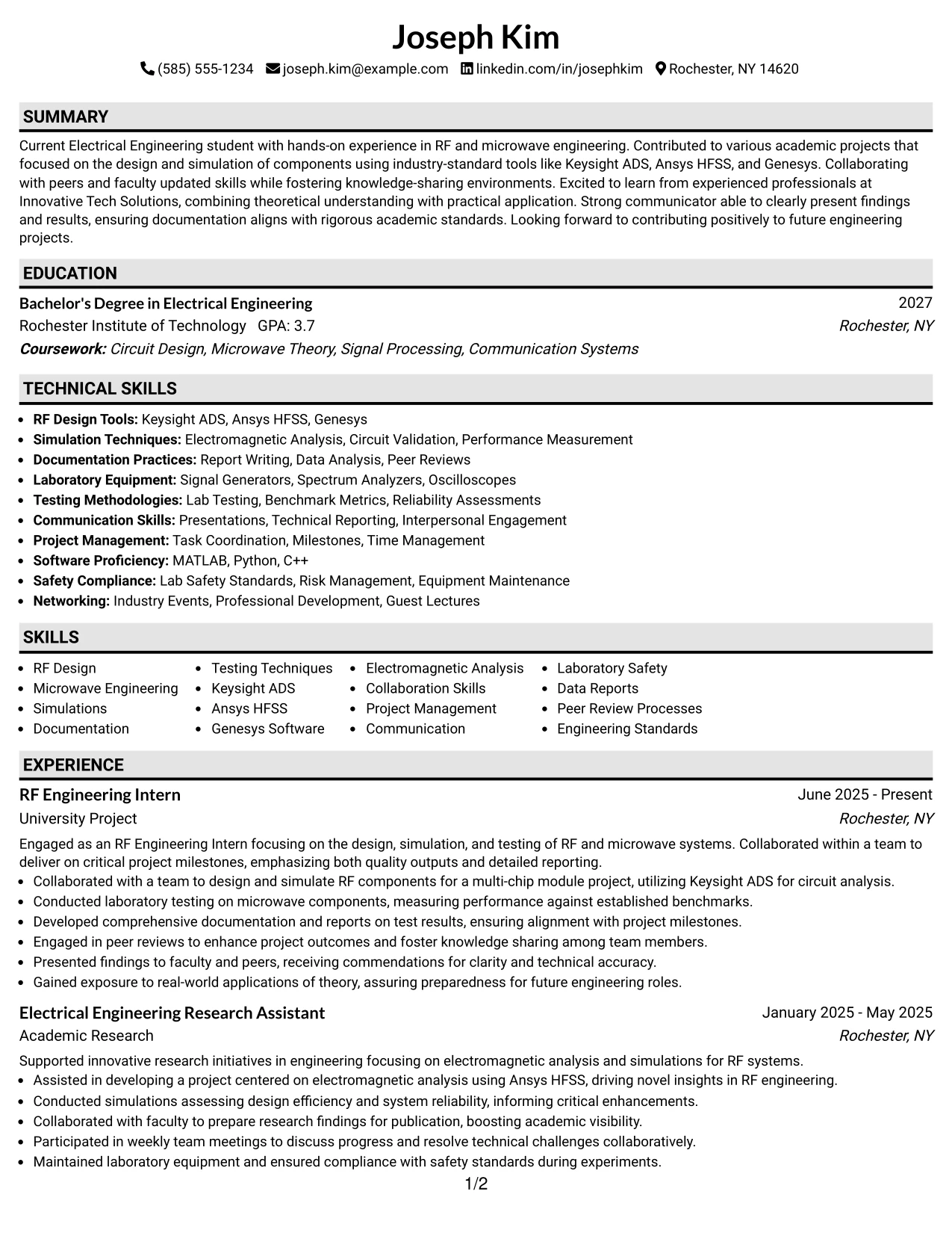 Resume Example Page 1
