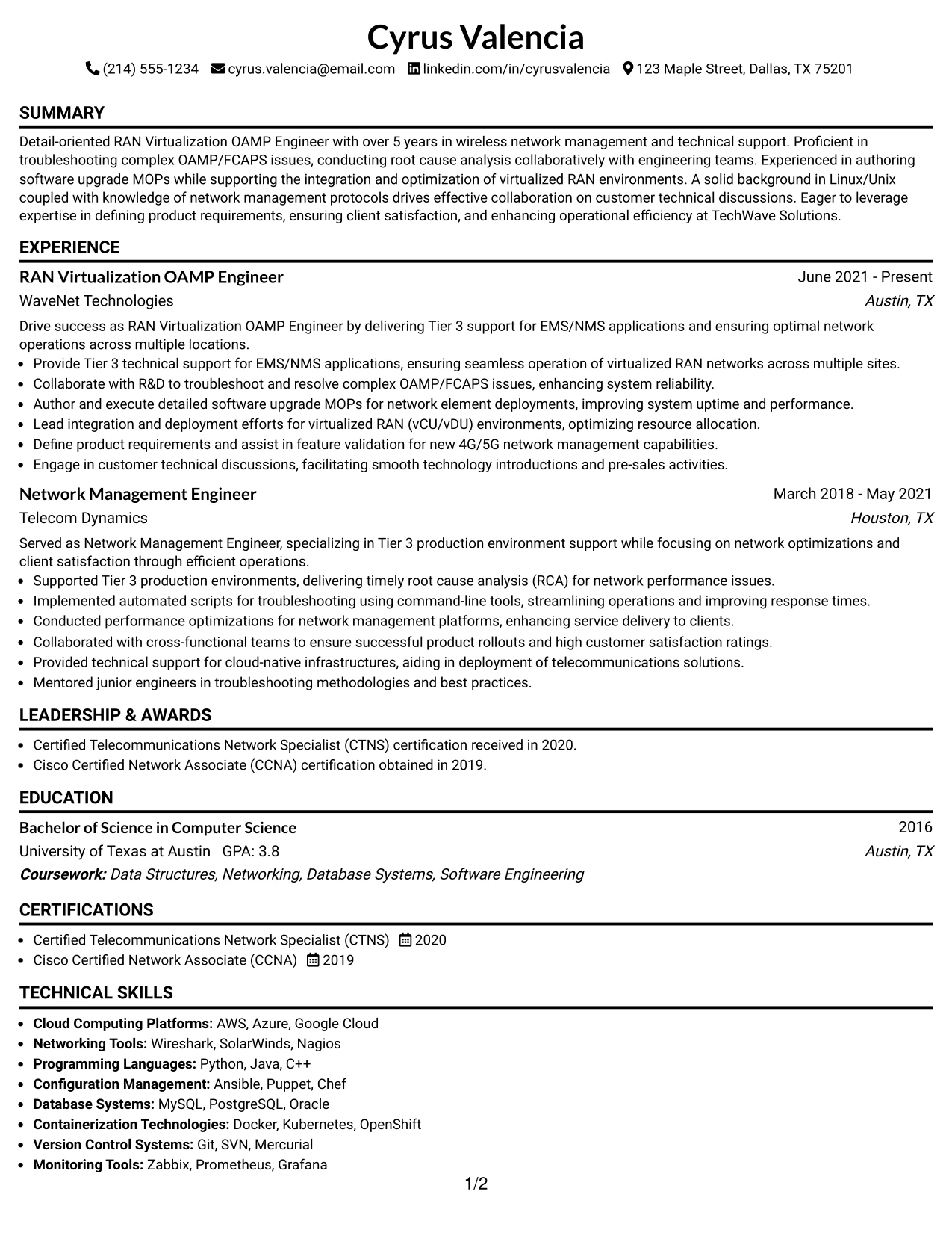 Resume Example Page 1