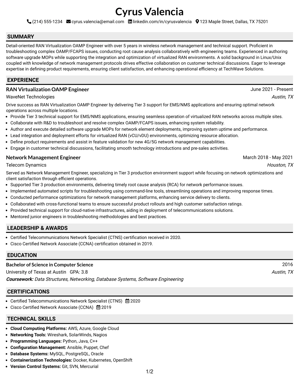 Resume Example Page 1
