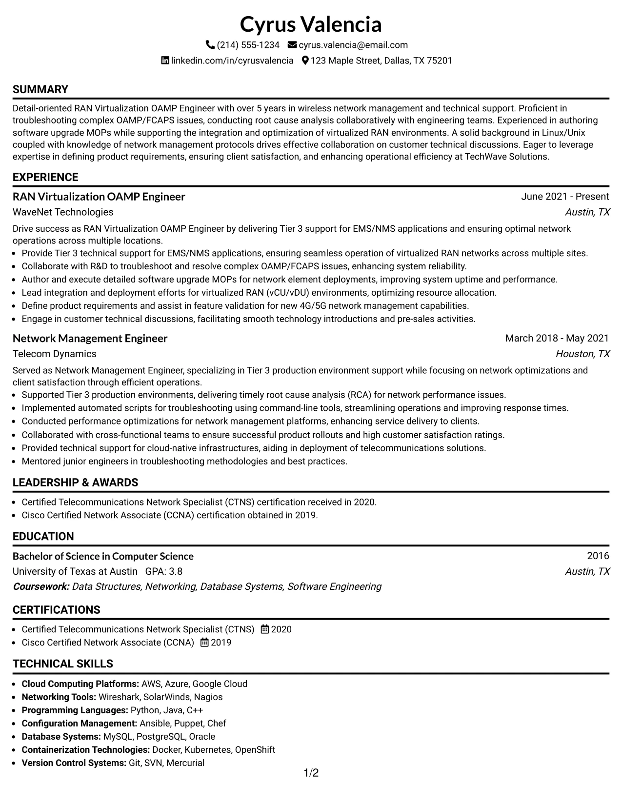 Resume Example Page 1