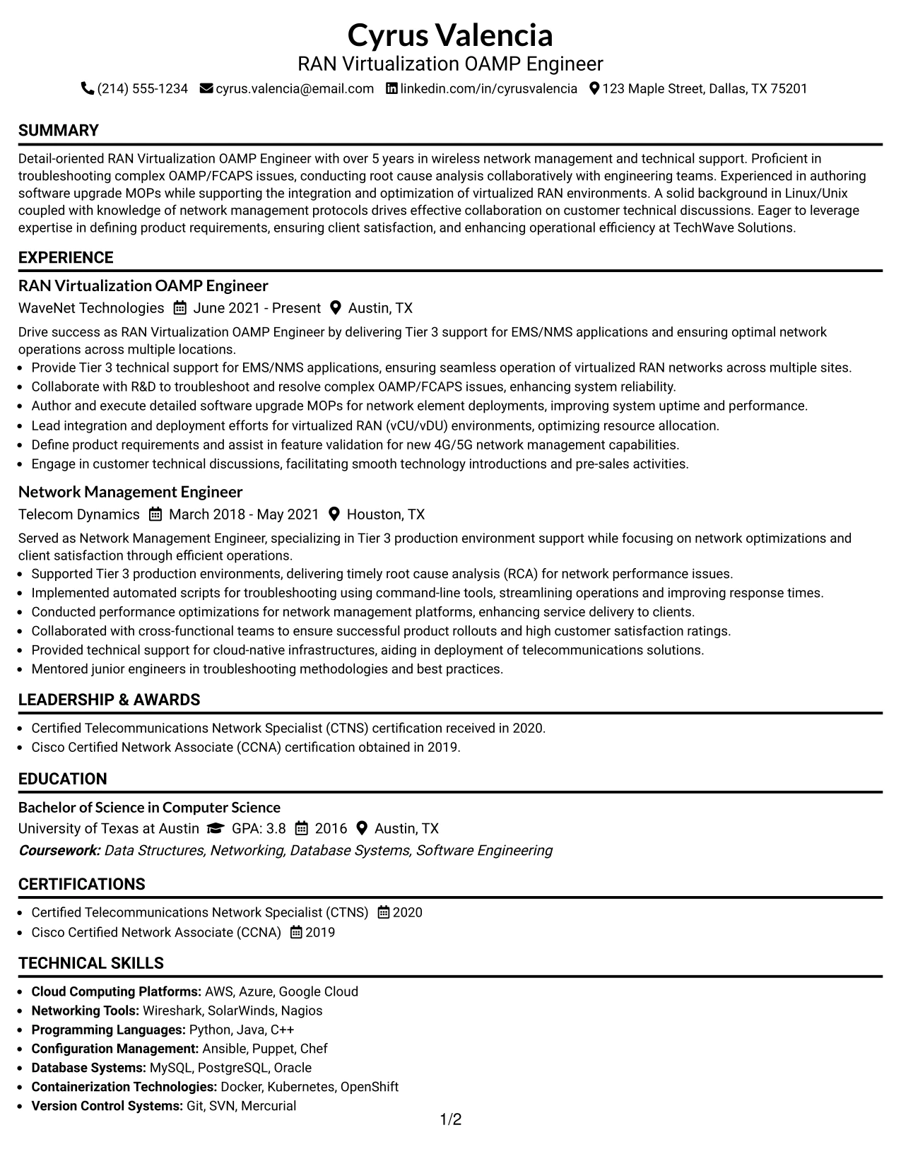 Resume Example Page 1