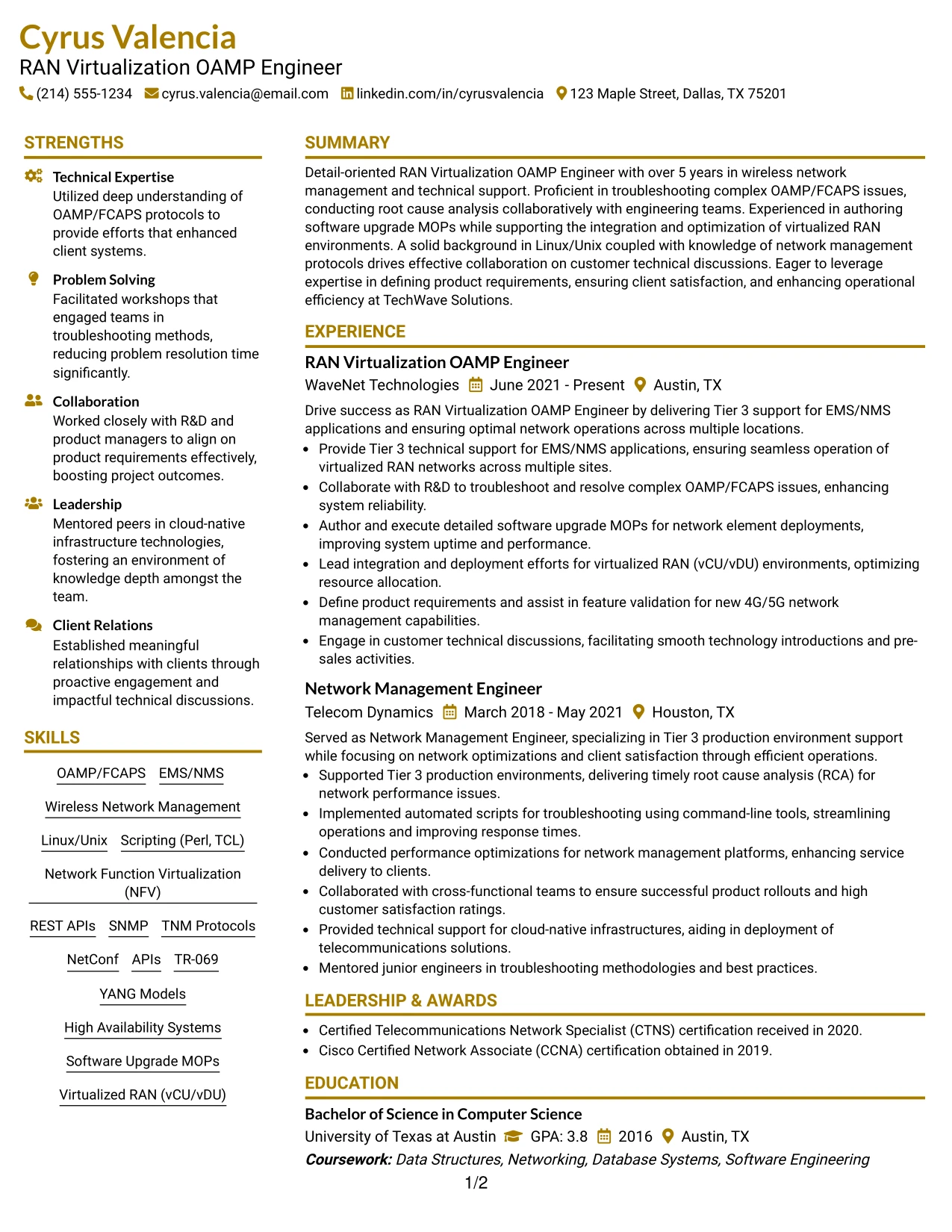 Resume Example Page 1