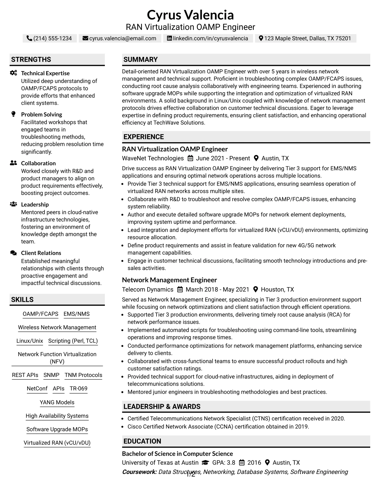 Resume Example Page 1