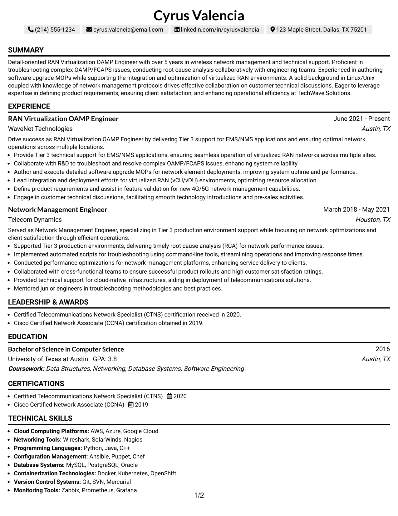 Resume Example Page 1