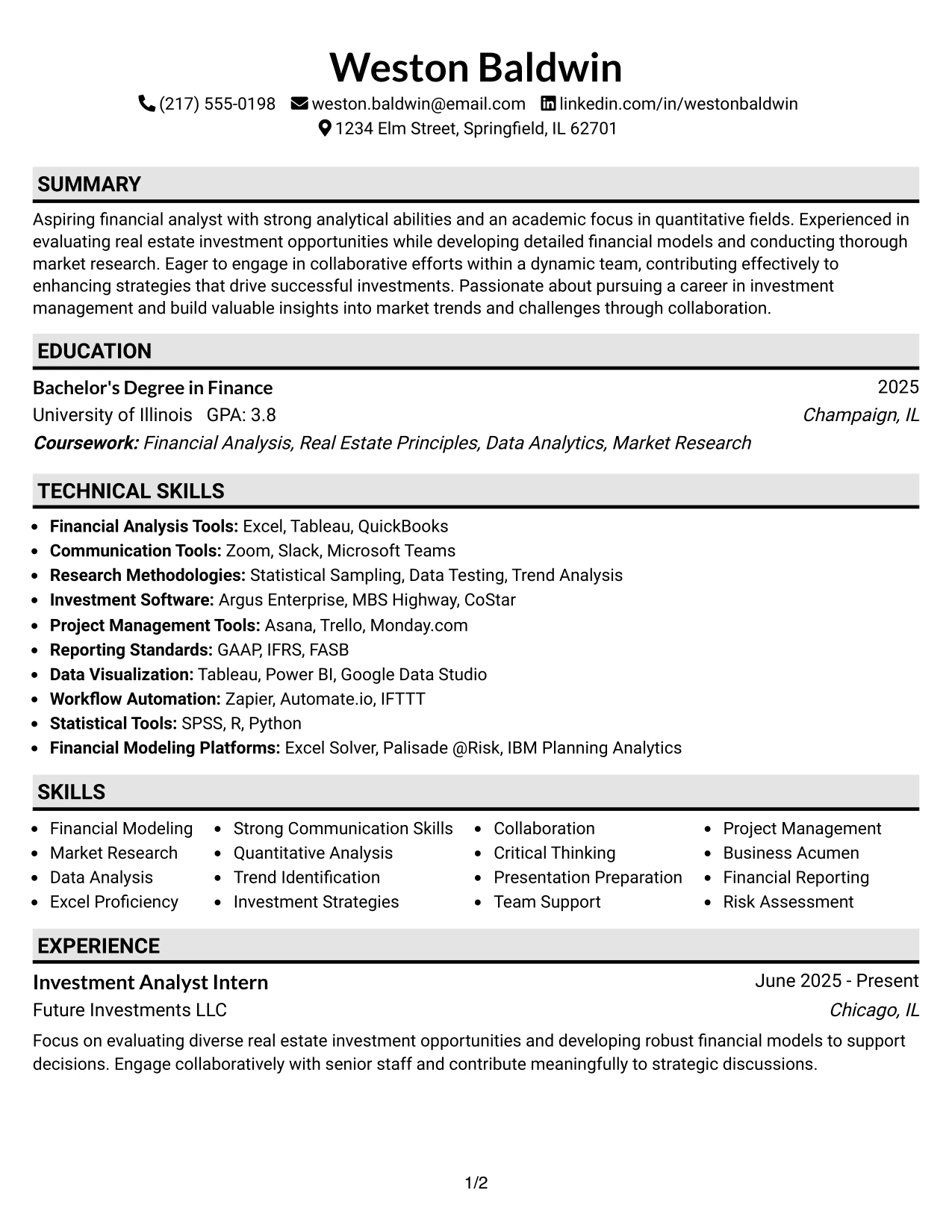 Resume Example Page 1