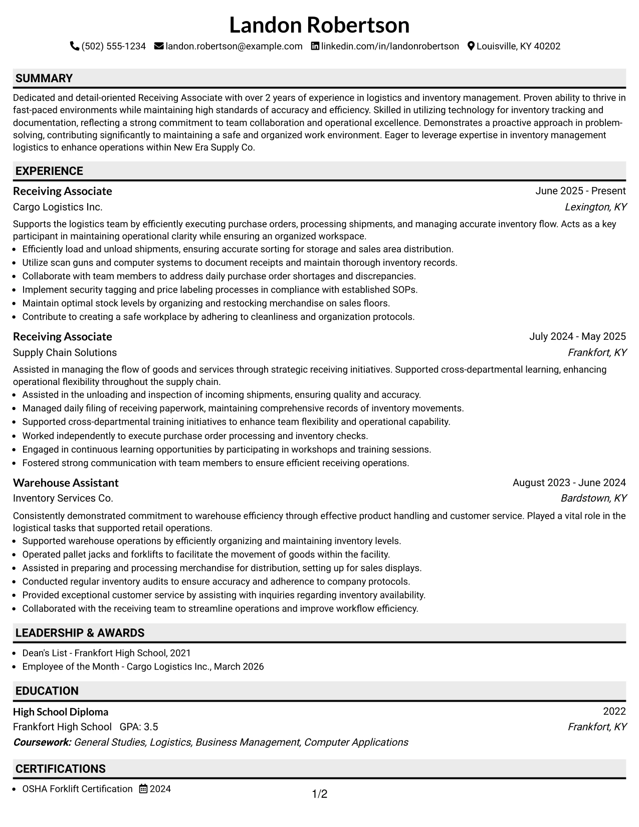 Resume Example Page 1