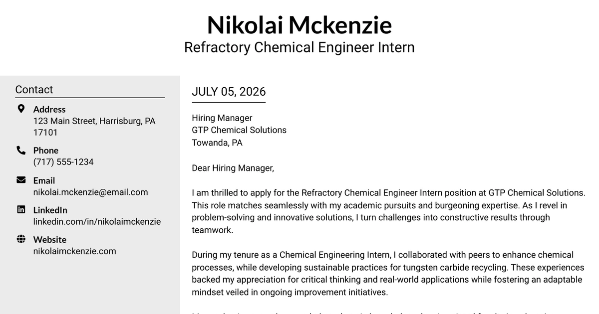 30+ Refractory Chemical Engineer Intern Cover Letter Templates with Example