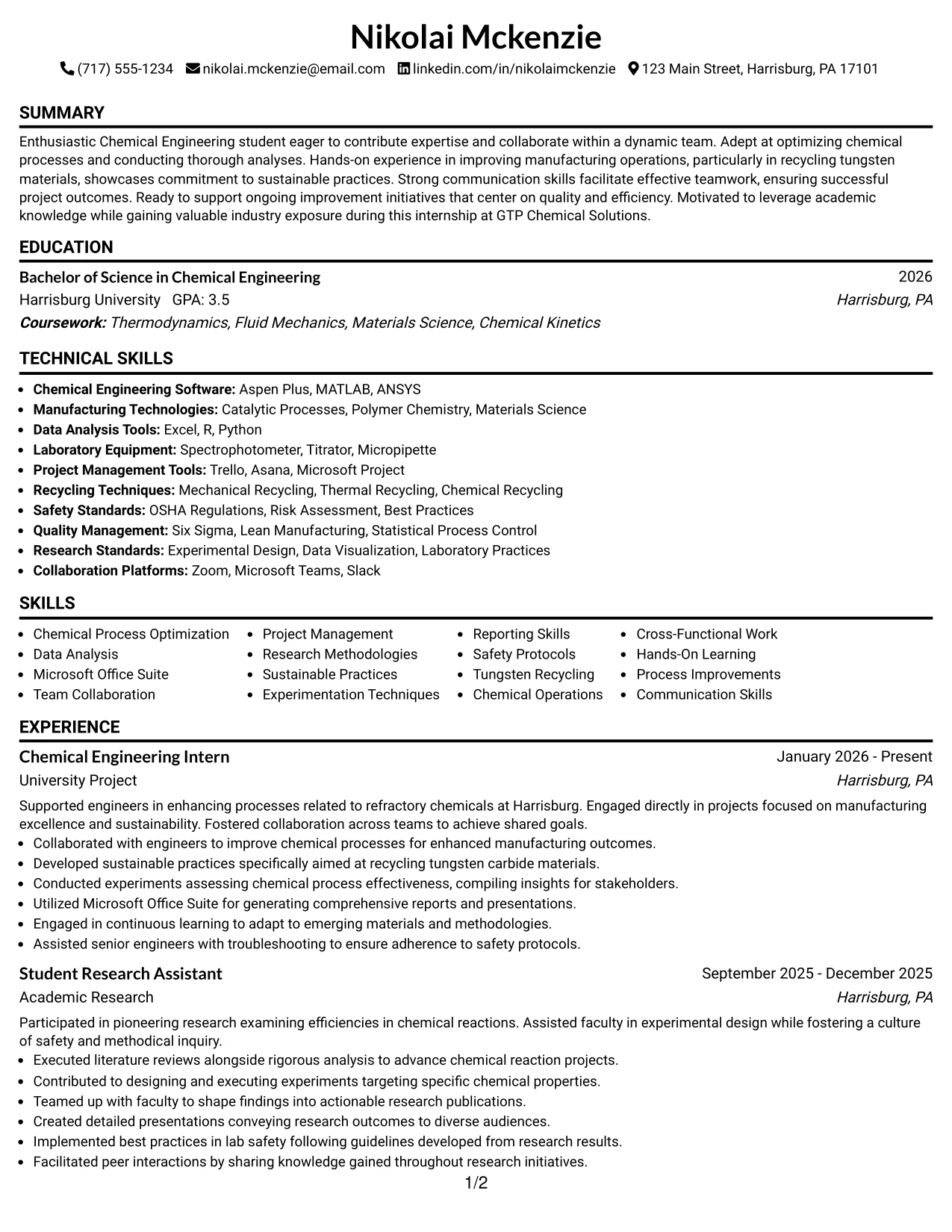Resume Example Page 1