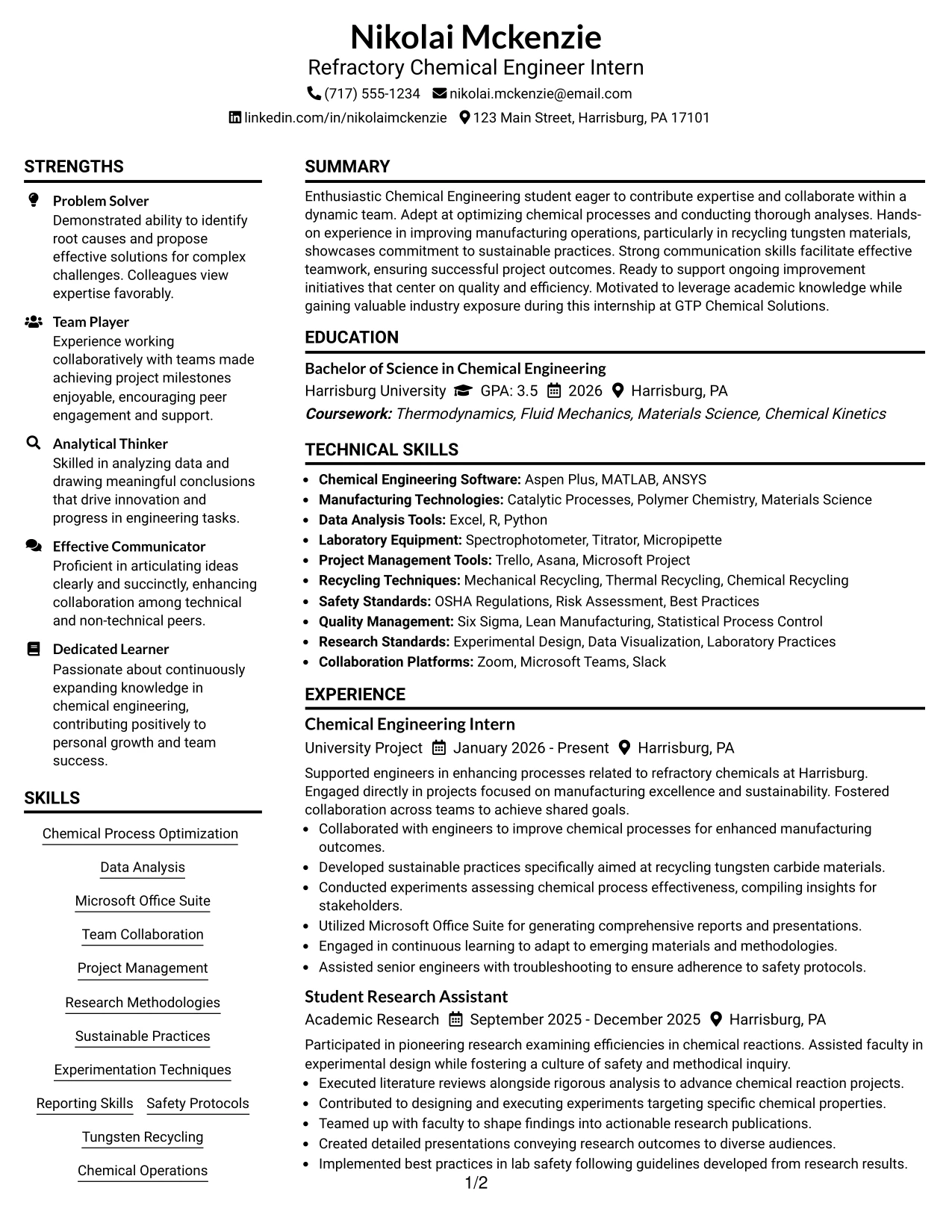 Resume Example Page 1