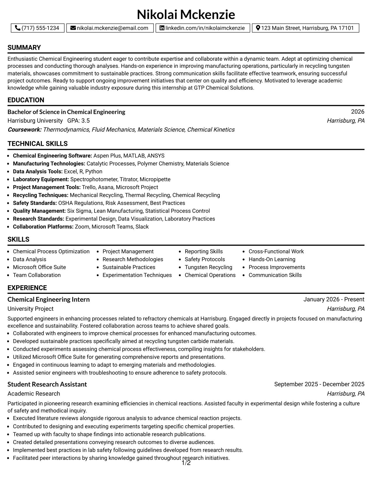 Resume Example Page 1