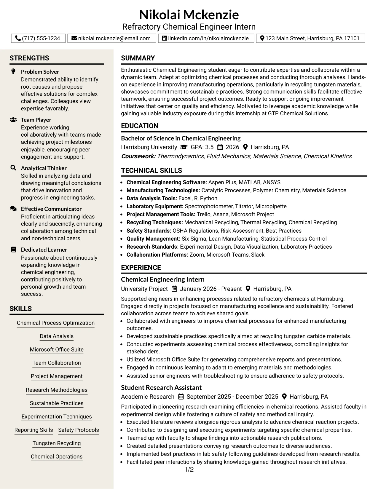 Resume Example Page 1