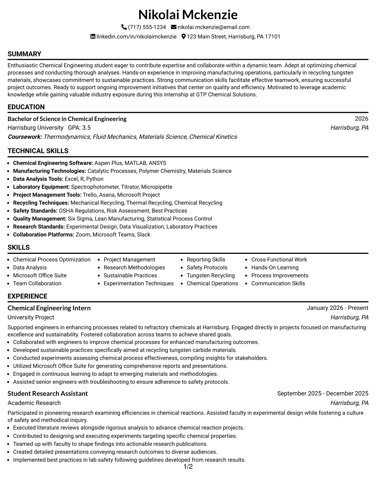 Resume Example Page 1