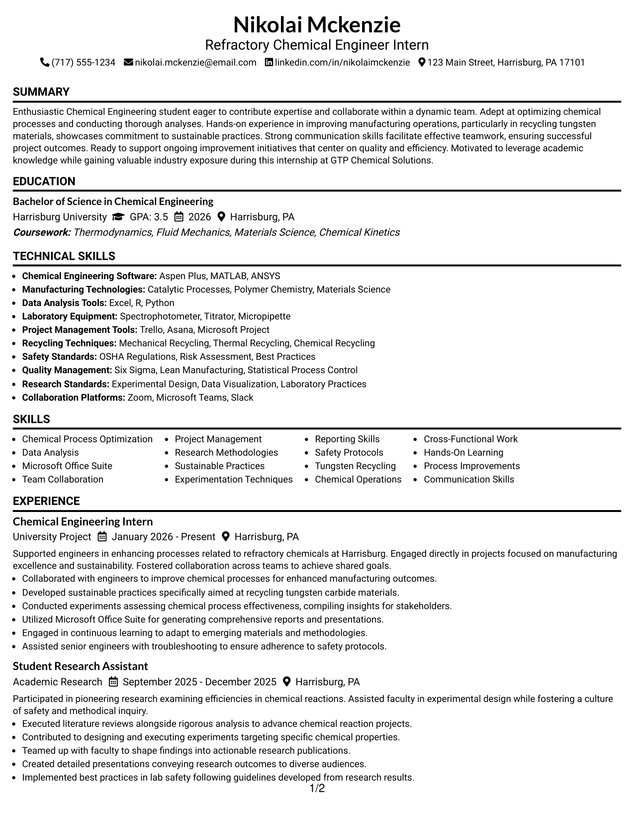 Resume Example Page 1