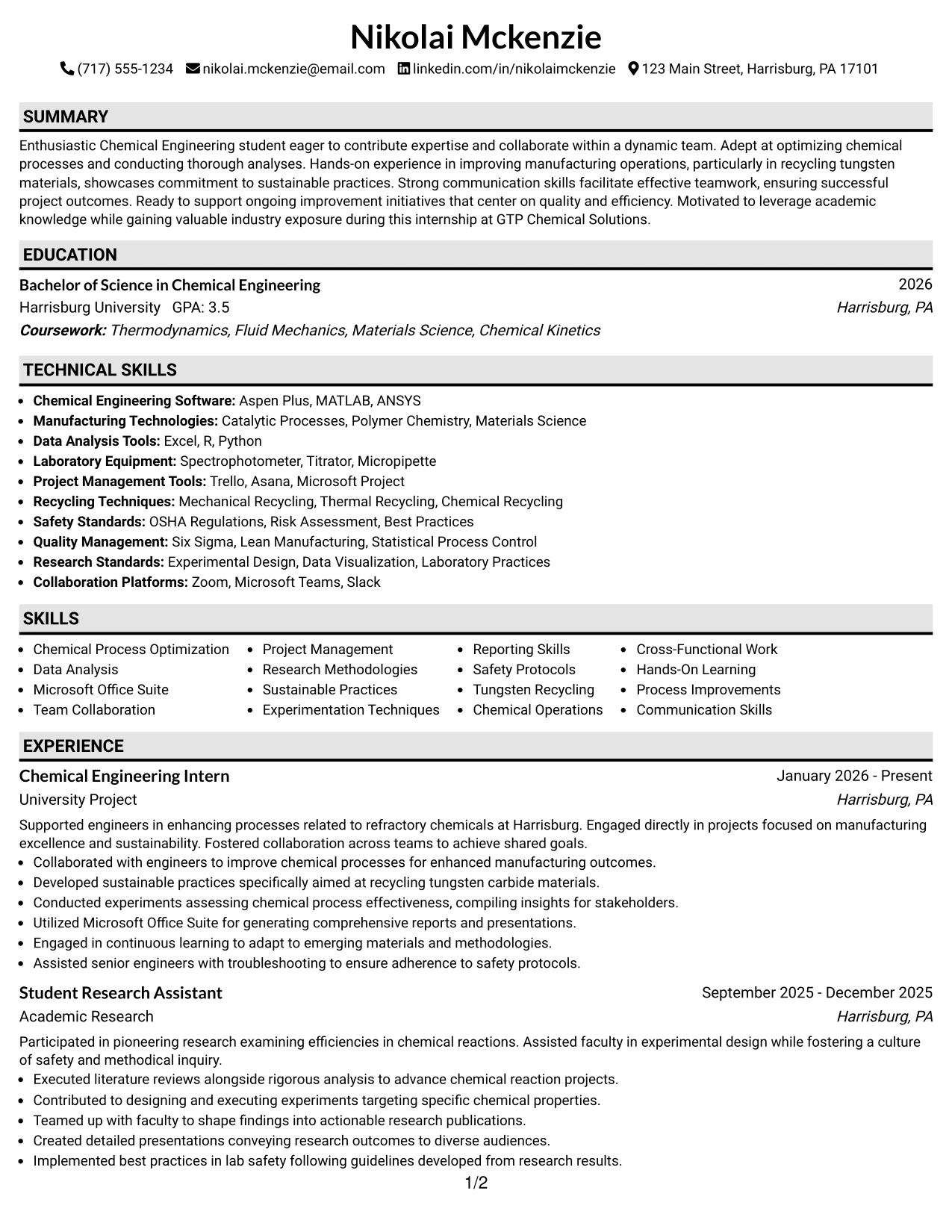 Resume Example Page 1