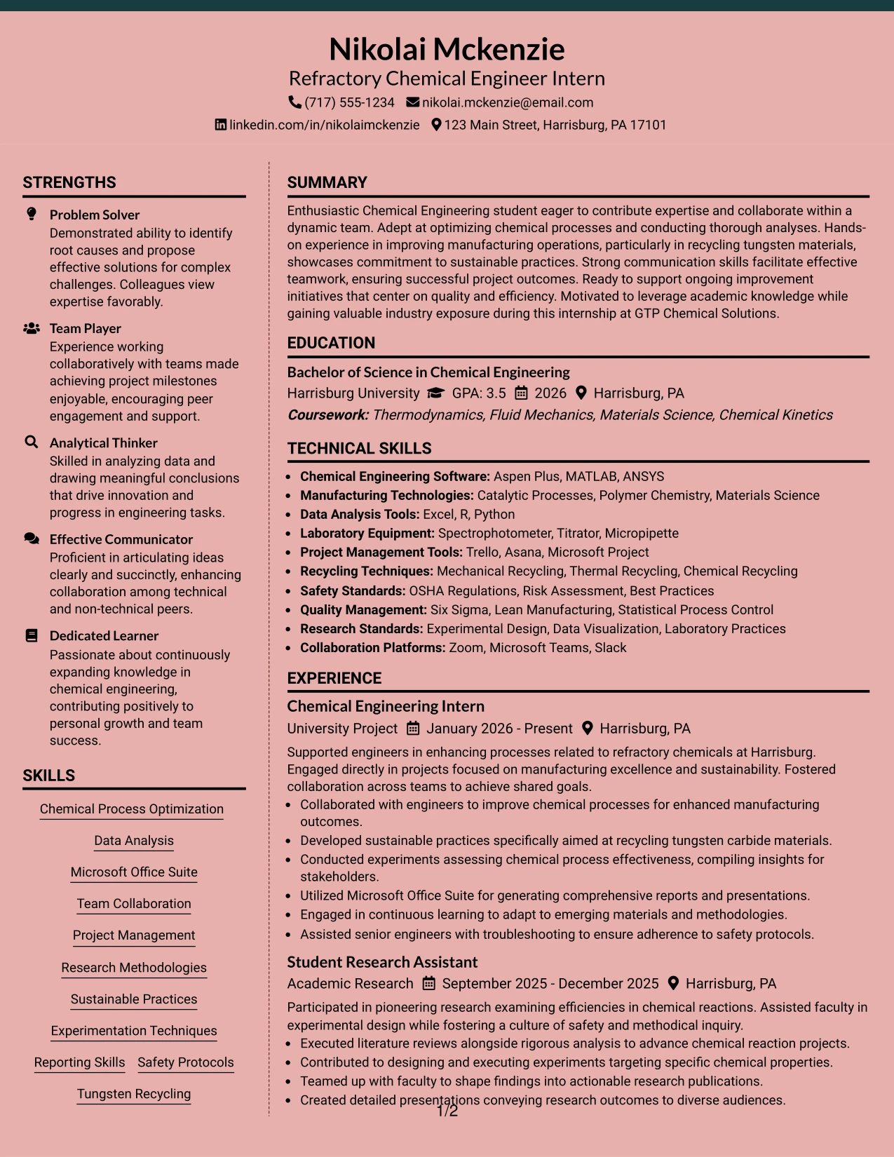 Resume Example Page 1