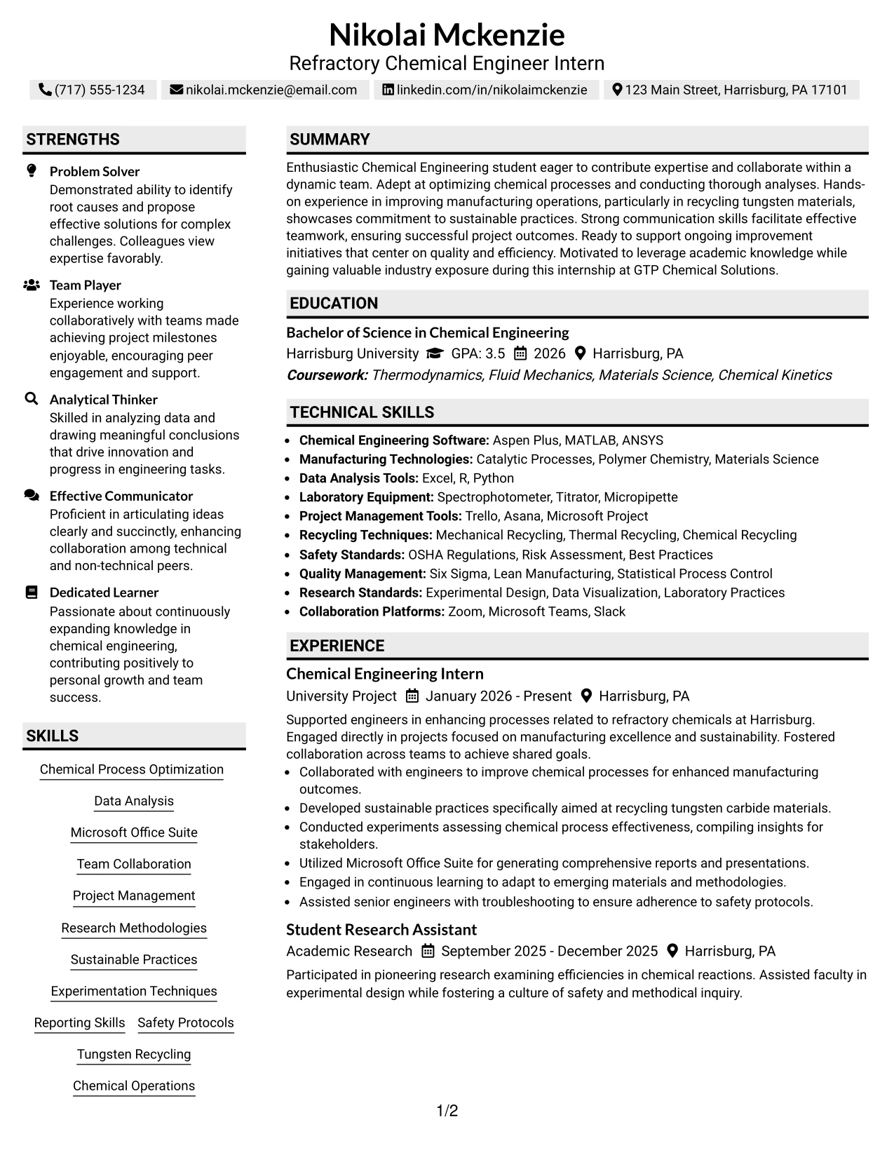 Resume Example Page 1
