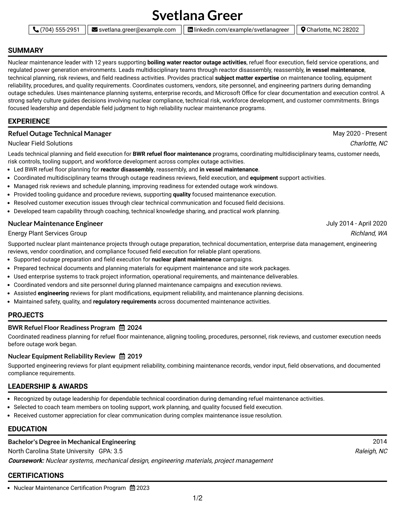 Resume Example Page 1