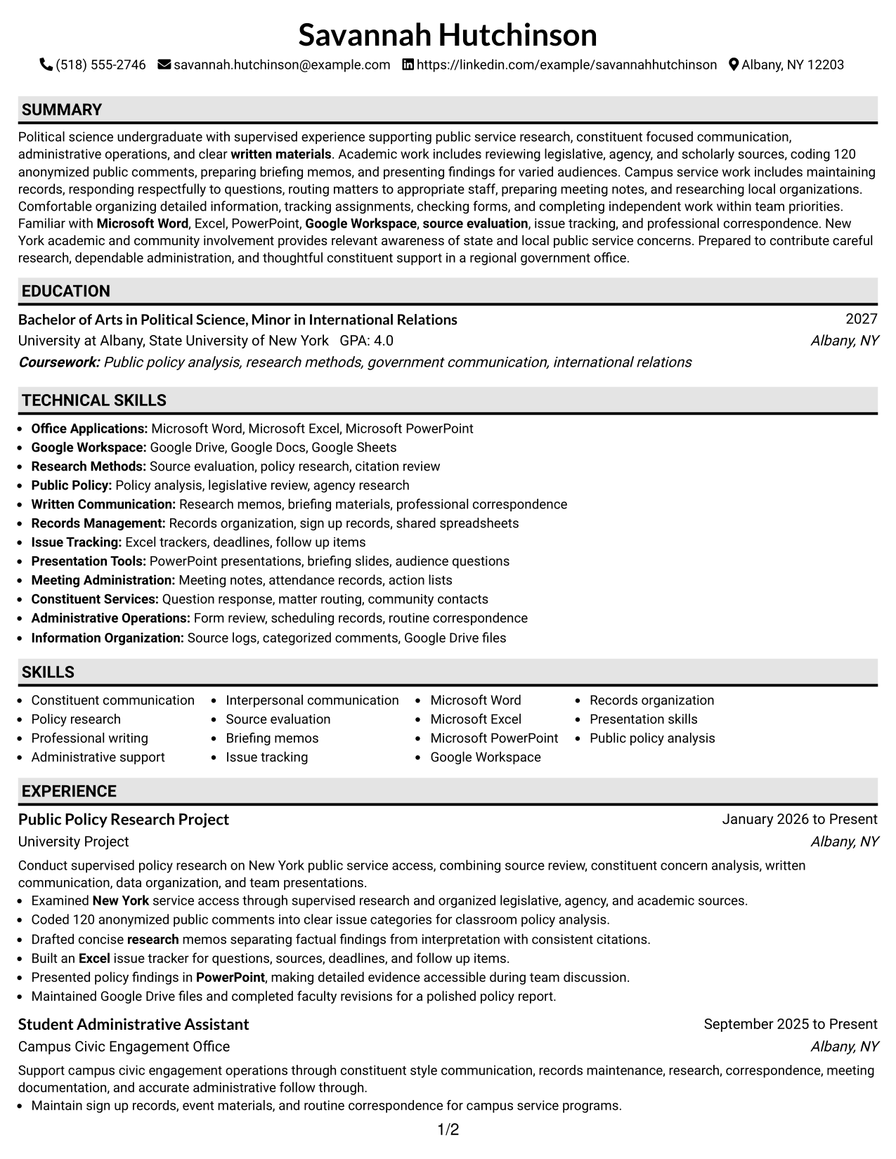 Resume Example Page 1