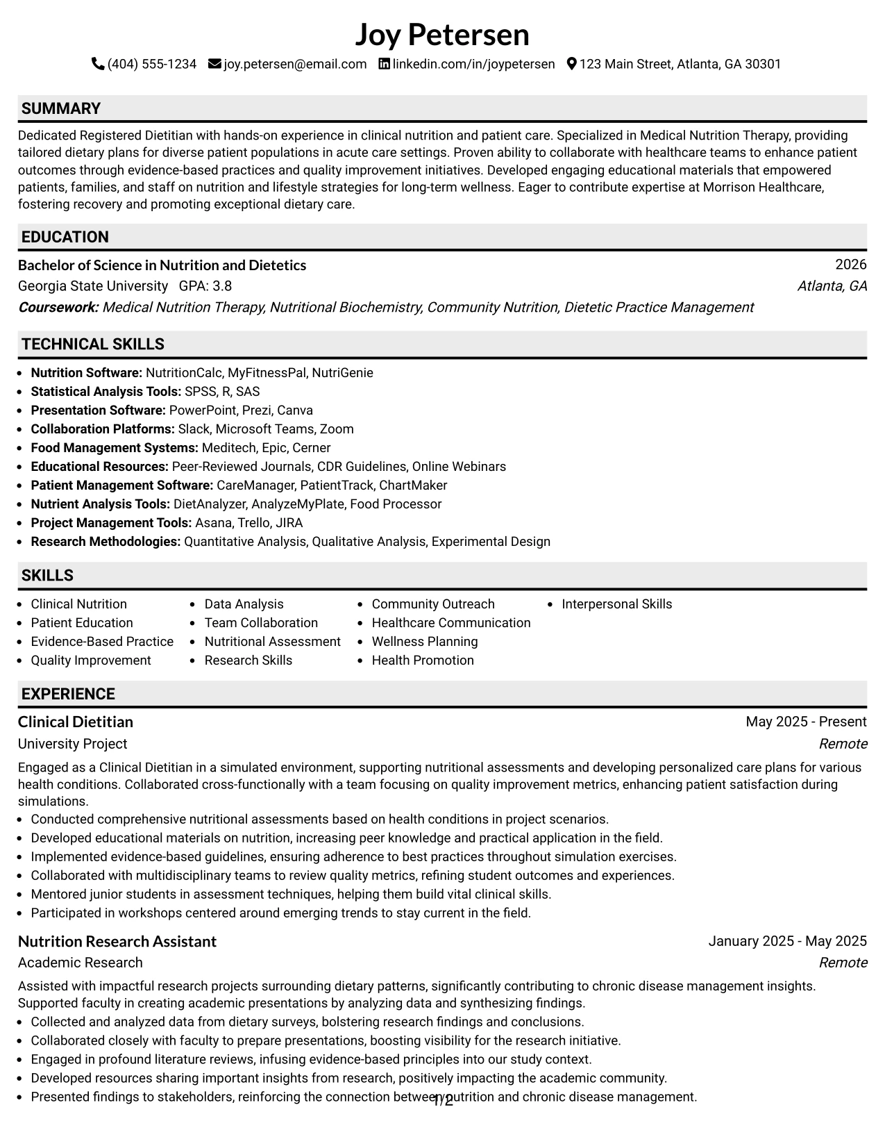 Resume Example Page 1