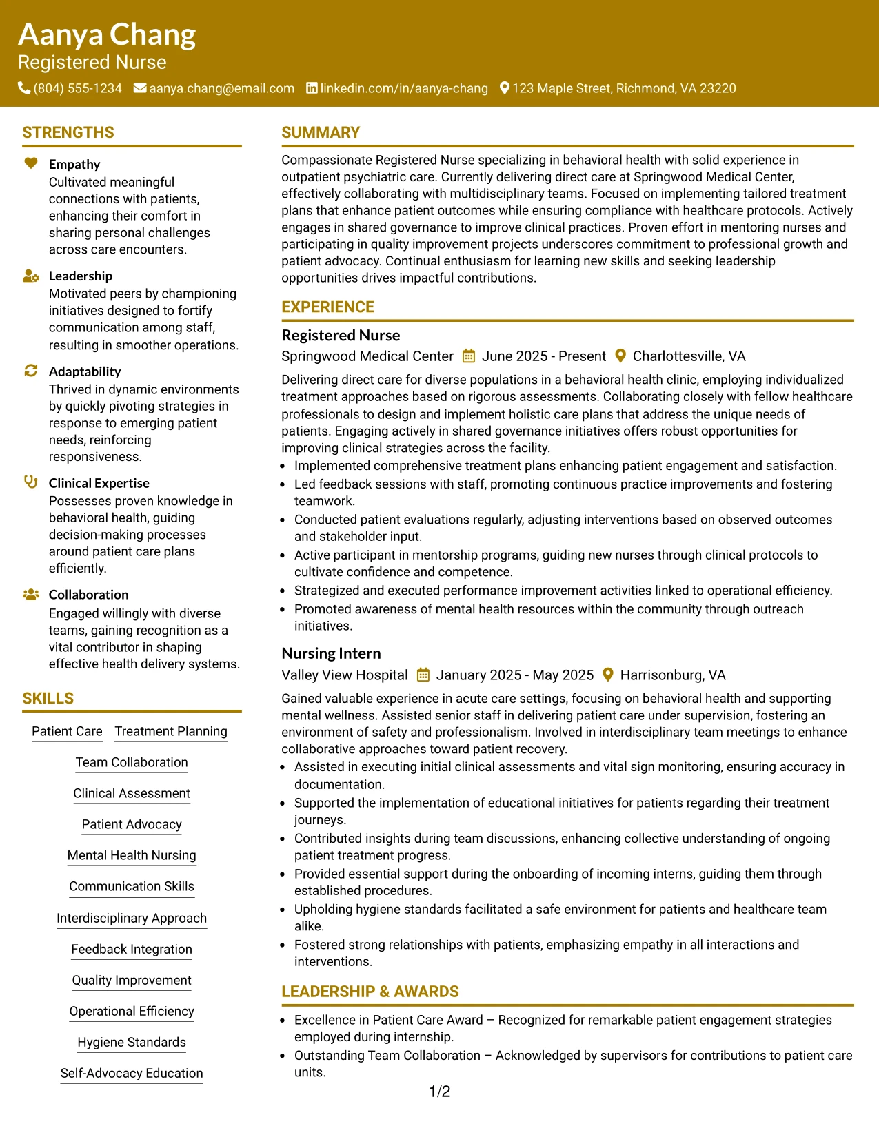 Resume Example Page 1