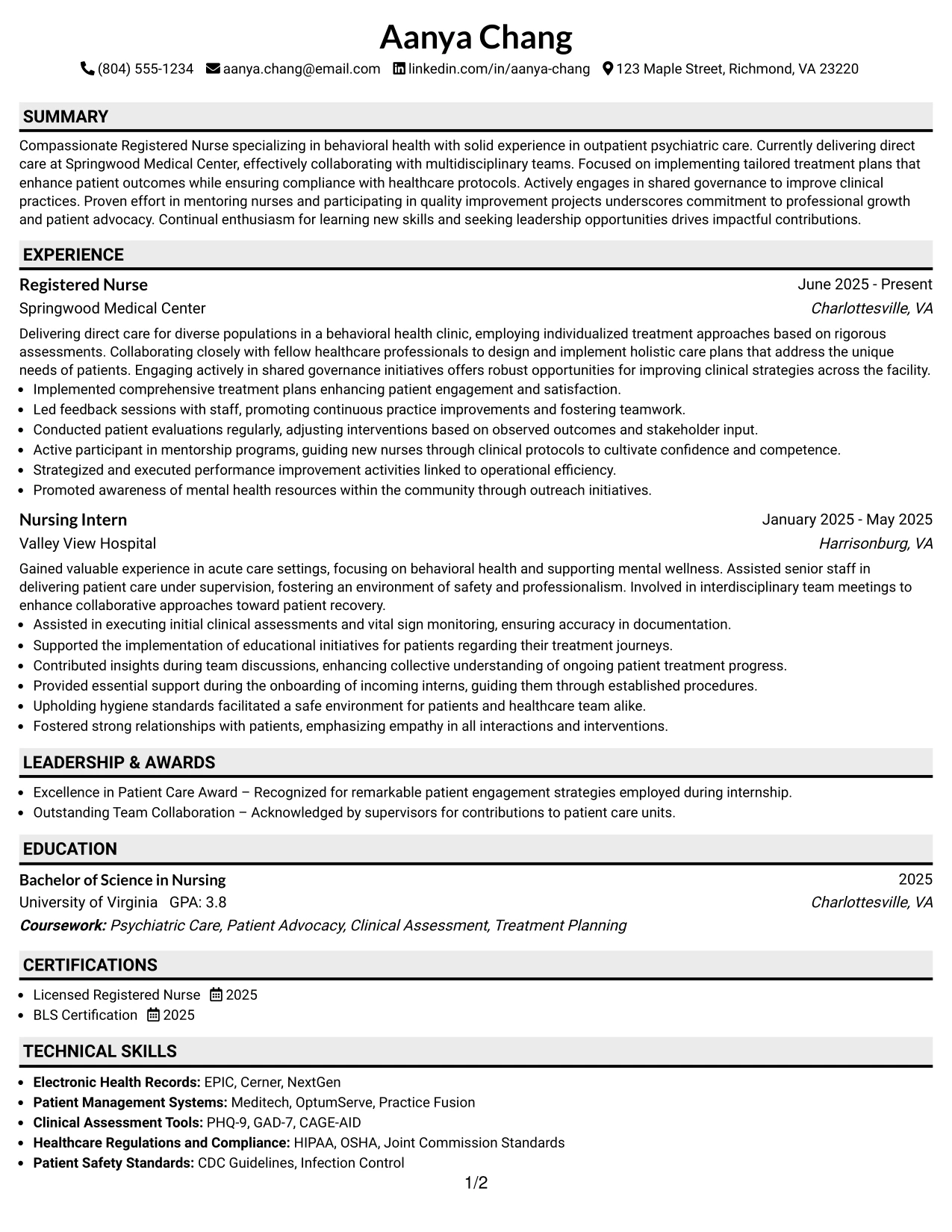 Resume Example Page 1