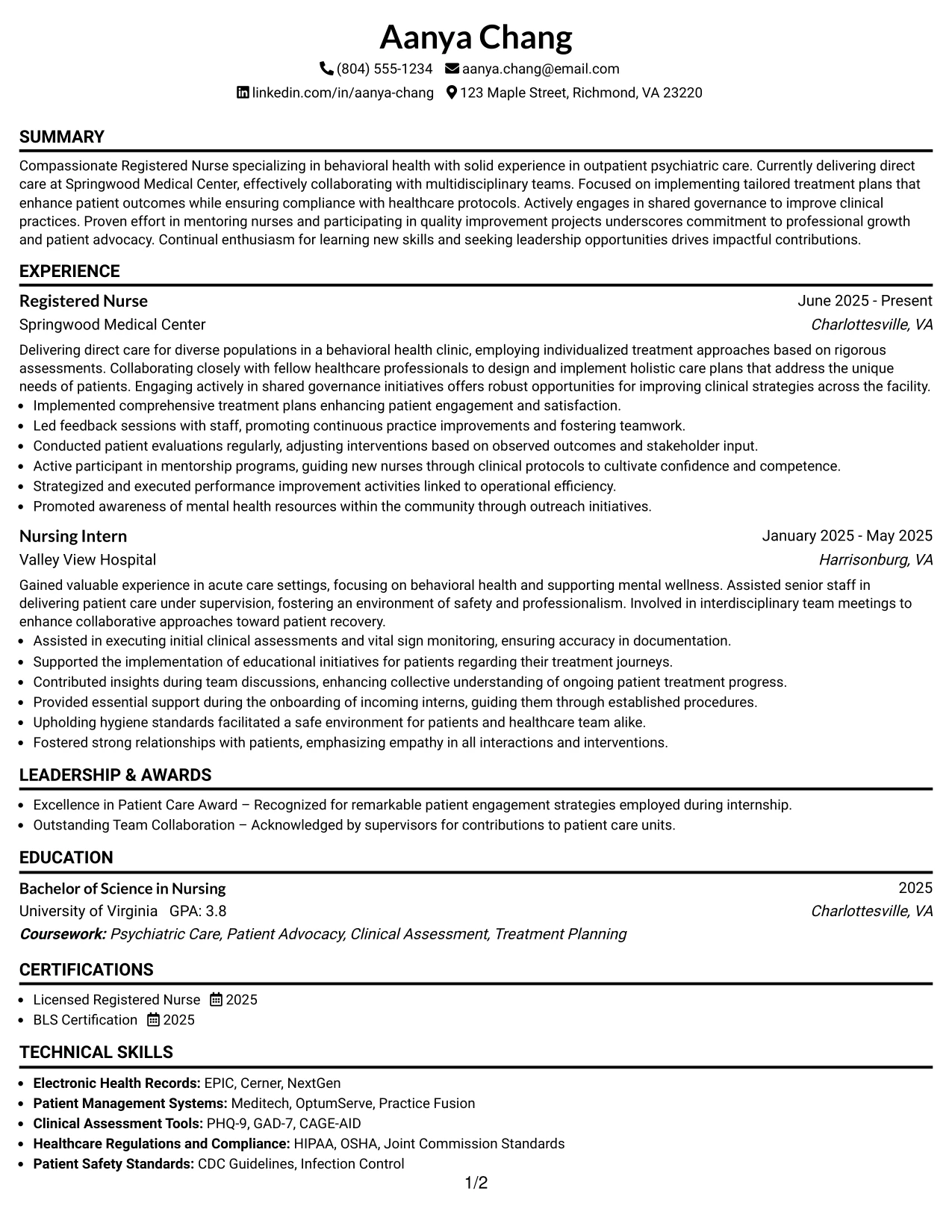 Resume Example Page 1