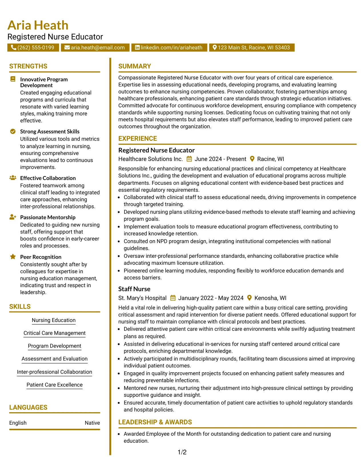 Resume Example Page 1