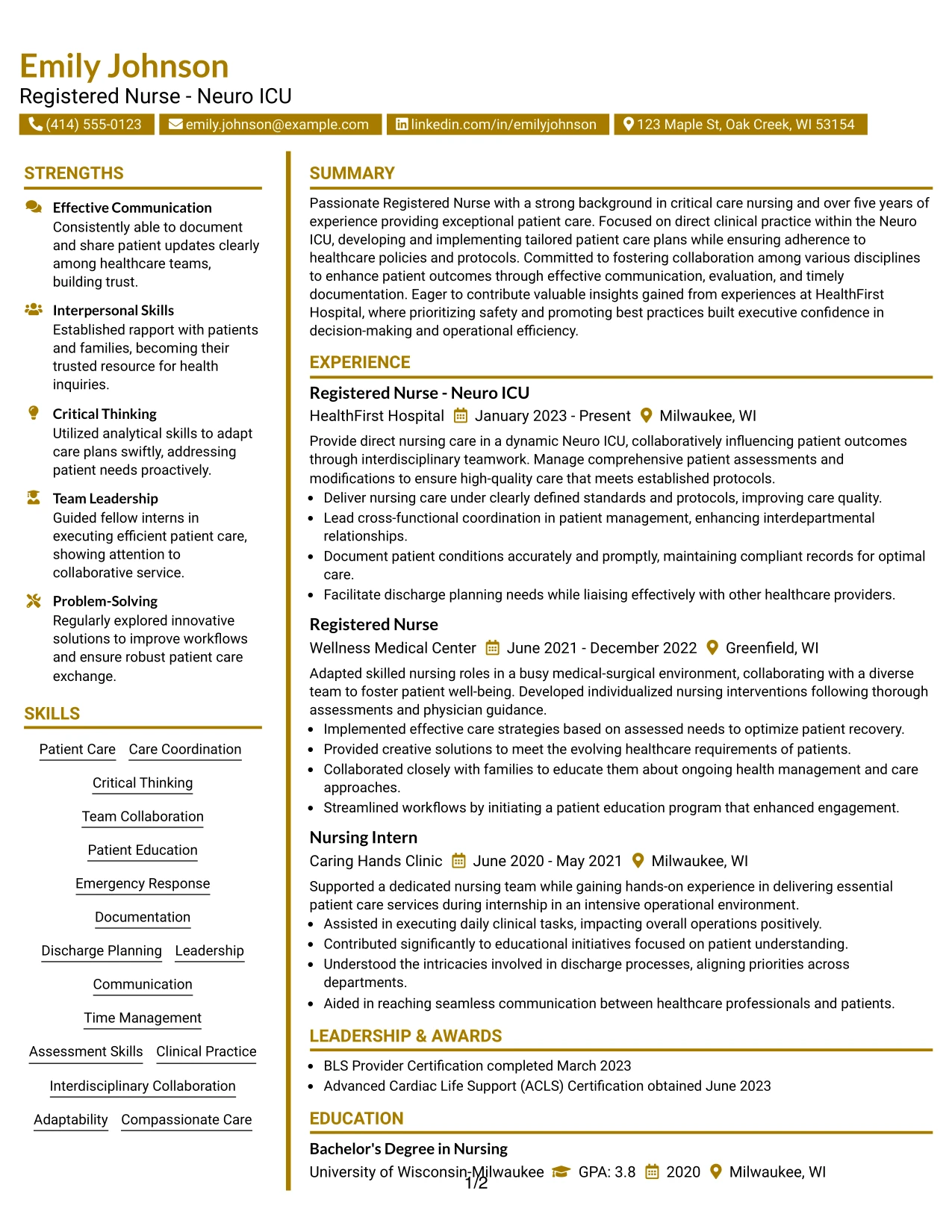 Resume Example Page 1