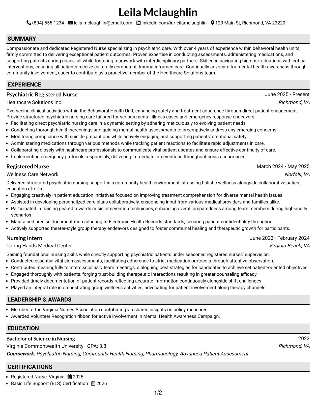 Resume Example Page 1