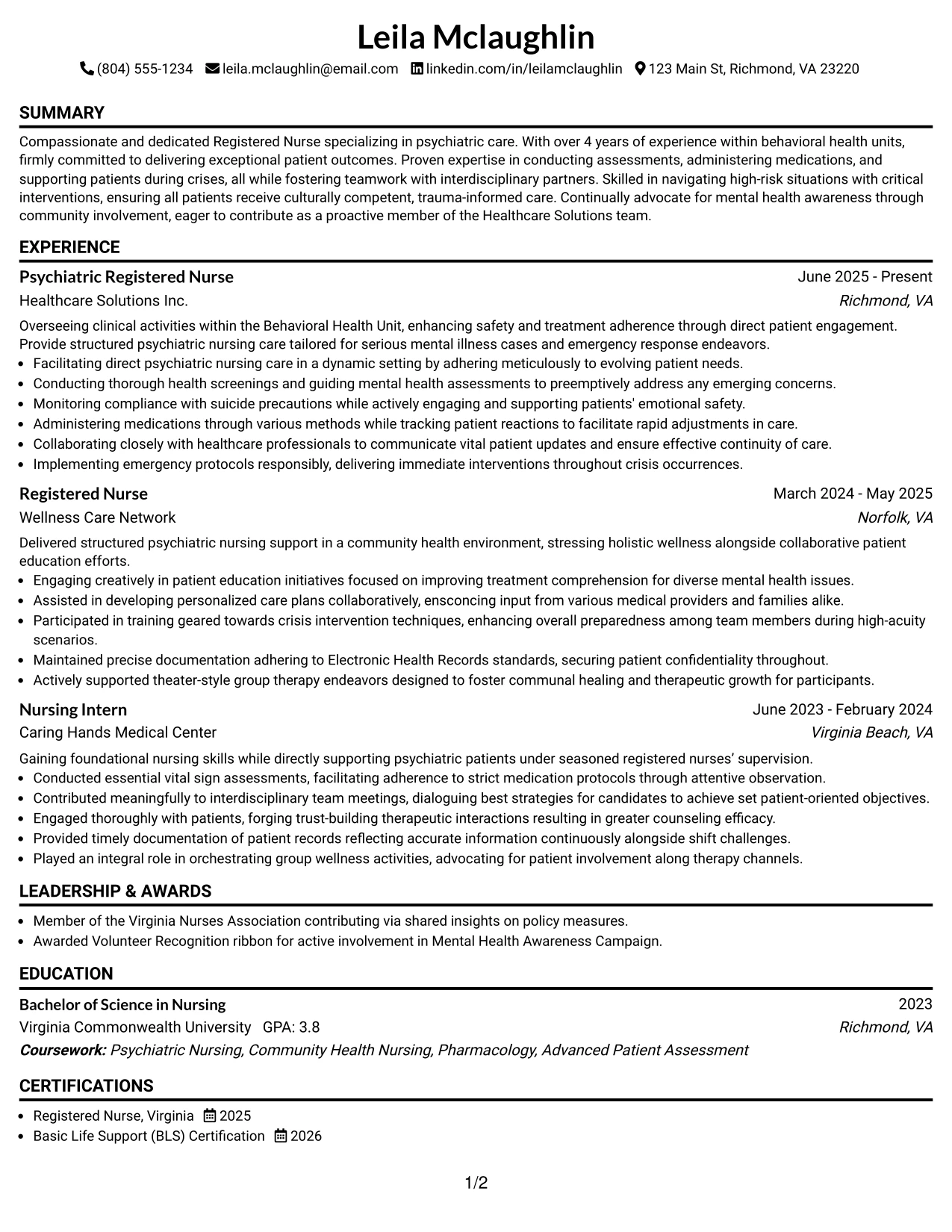 Resume Example Page 1