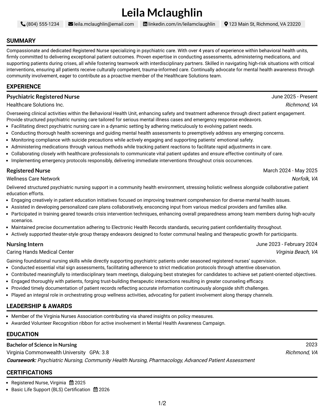 Resume Example Page 1