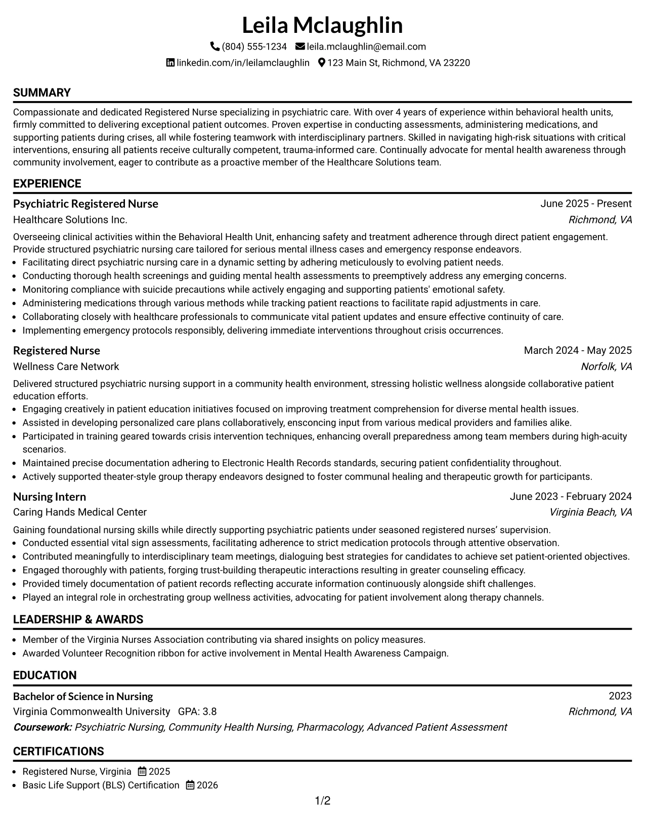 Resume Example Page 1