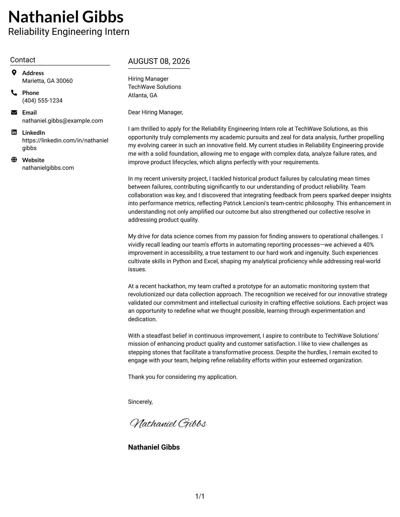 Resume Example Page 1