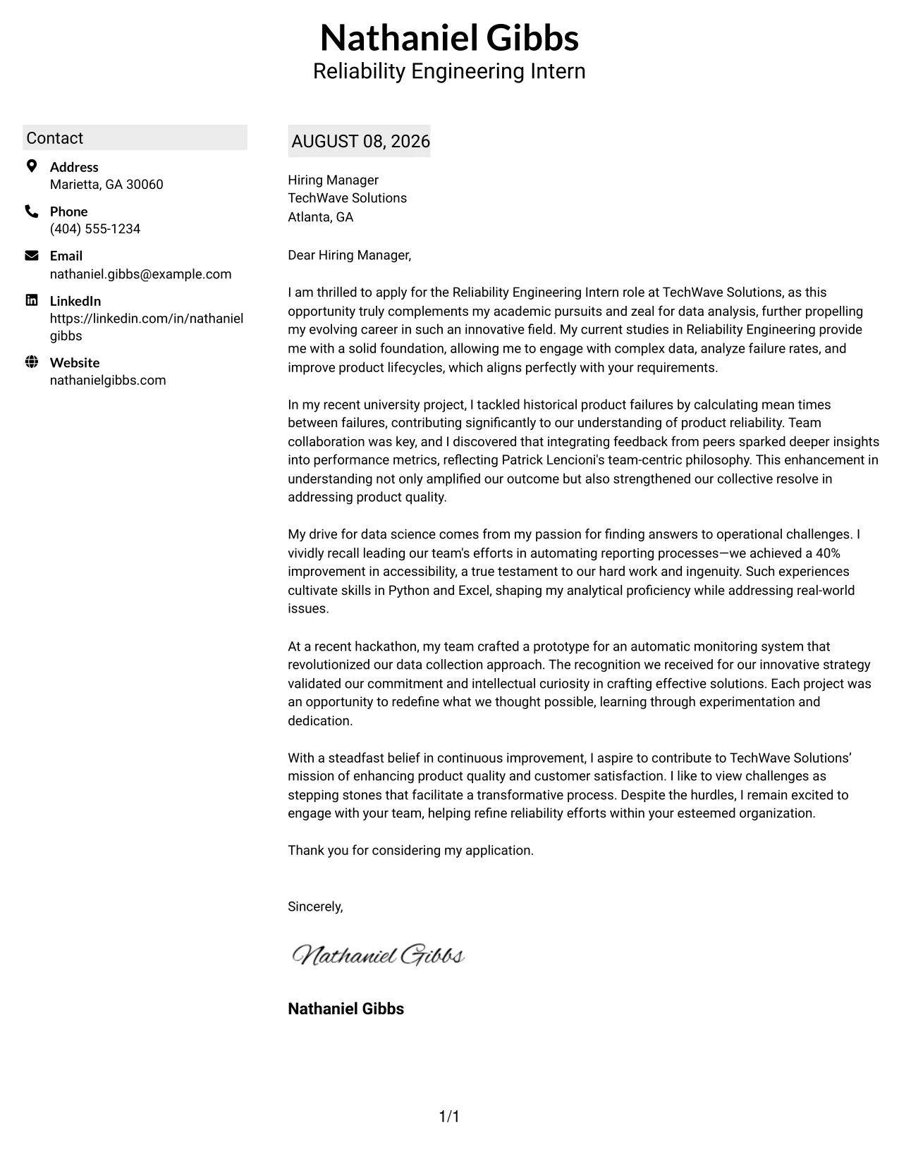 Resume Example Page 1