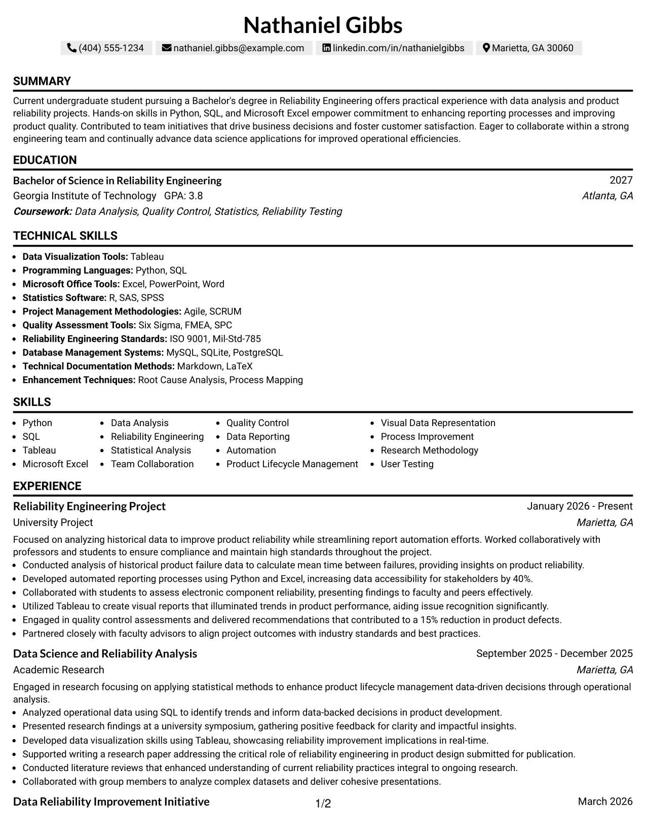 Resume Example Page 1