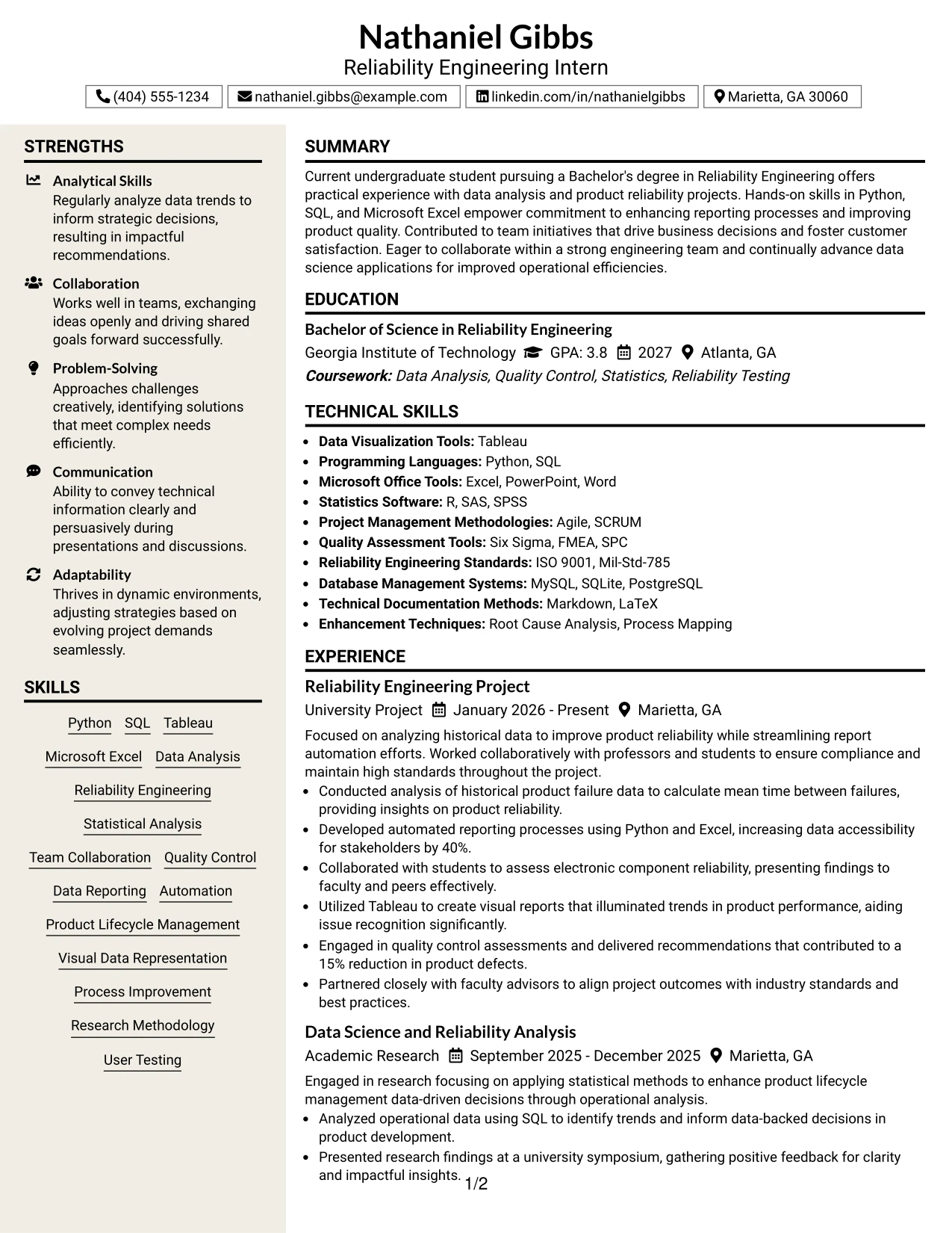 Resume Example Page 1