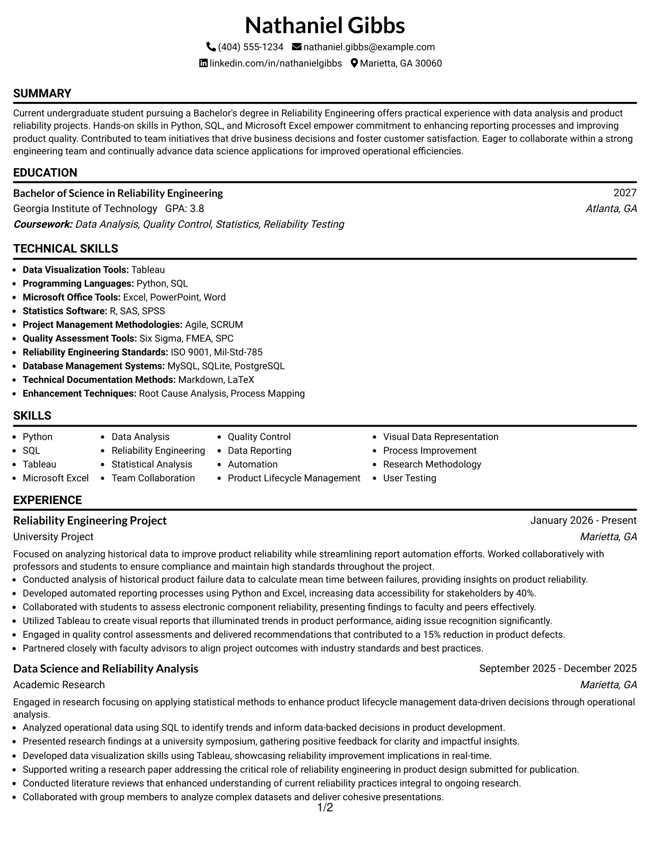 Resume Example Page 1