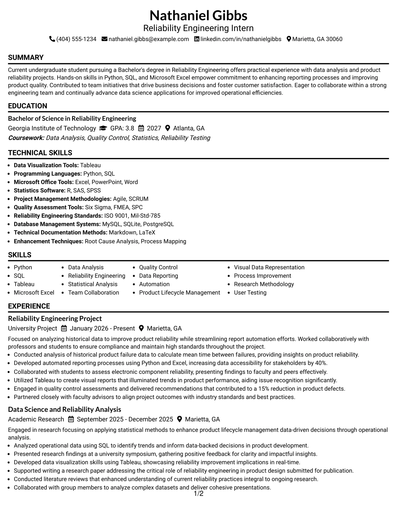 Resume Example Page 1